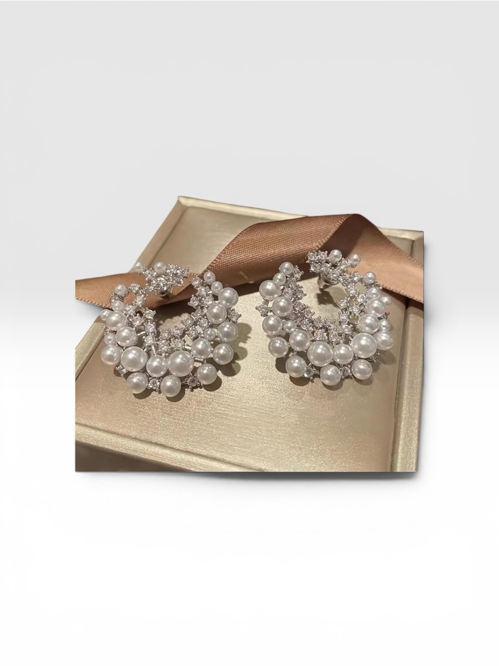 Pearl Cluster Hoop Earrings - White Faux Pearl and Crystal
